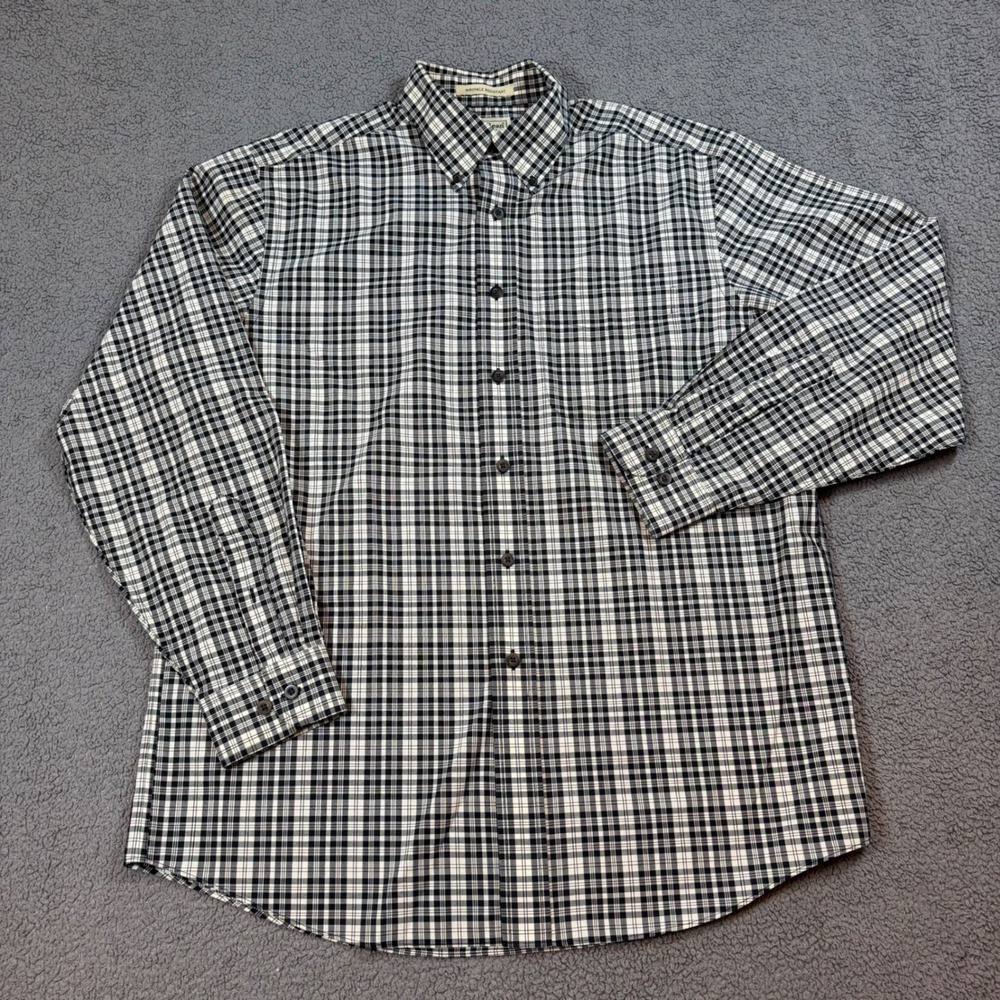 LL Bean Mens Wrinkle Resistant Plaid Button Down Shirt Black White M-REG OYP38